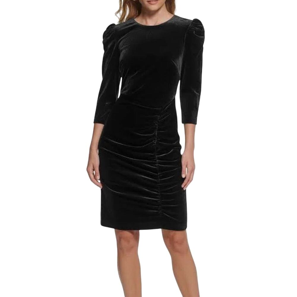 Vince Camuto Velvet 3/4 Sleeve Crew Neck Shirred Sheath Black Dress Size 2
